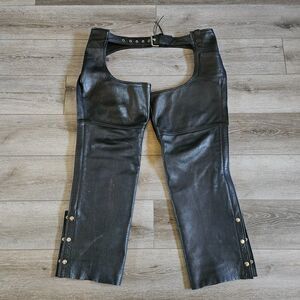 Mens Black First Genuine Leather Motorcycle Chaps XL Adjustable 38-44'' Side Zip